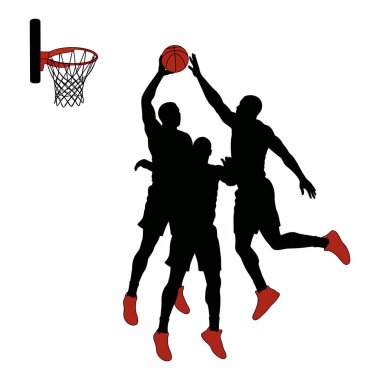 Basketbolculardan oluşan dinamik bir siluet çemberin yakınındaki topa doğru sıçrıyor, temiz, beyaz bir arka fona kuruluyor.