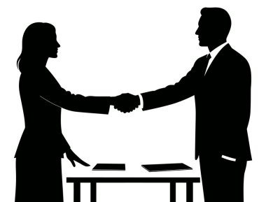 Bir adam ve bir kadının silueti basit beyaz bir arkaplan sahnesindeki belgelerle el sıkışıyor.