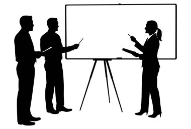 Üç kişi siluette, bir iş ortamında tripod standında beyaz bir tahtanın önünde sunum yapıyor.
