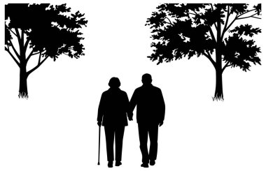 Beyaz bir arka plan sanat sahnesinde ağaçların altında el ele tutuşan yaşlı bir çiftin silüeti.