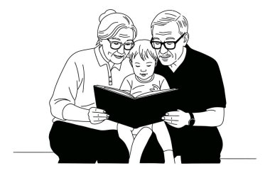Torunlarına sevgi ve mutlulukla kitap okuyan dedelerin siyah beyaz çizimi.