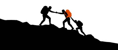 Üç kişi bir dağa tırmanıyor, biri diğerine yardım ediyor, siluet bir resimde takım çalışması ve destek gösteriyor.