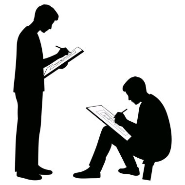 İki siluetli figür, panolara resim çiziyor. Biri ayakta, biri de beyaz arka planda oturuyor..