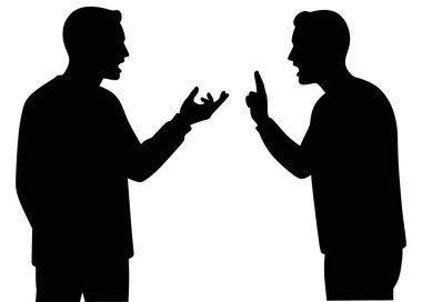 Silüet giymiş iki adam, elleri havada ve beyaz bir arkaplanda ağız açarak tartışarak çatışma ve gerilimi ifade ediyorlar.