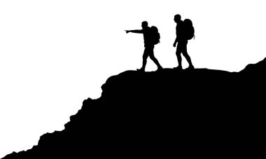 Bir siluet, sırt çantalı iki yürüyüşçüyü bir dağın tepesinde, beyaz bir arkaplana karşı ufka doğru gösterirken gösteriyor.