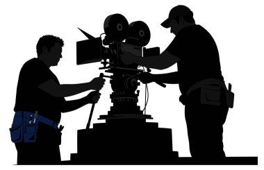 Bu görüntü, bir film için beyaz bir arkaplana karşı klasik bir kamera kullanan siluetli iki adamı gösteriyor.