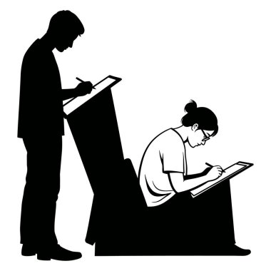 Tabletlere resim çizen iki kişinin resmi. Biri ayakta, diğeri sandalyede oturuyor..