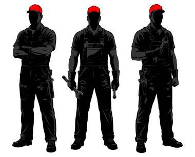 Kırmızı Başlık Giyen Siluet İşçileri Beyaz Arkaplan Grubunda Duruyor