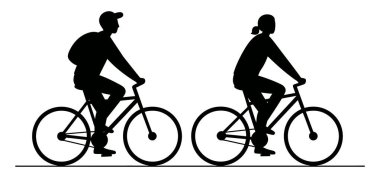 Düz bir sahnede bisiklet süren iki bisikletçinin silueti.