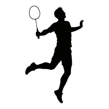 Badminton oynayan Siluet Adam Beyaz Arkaplanda Sıçrıyor