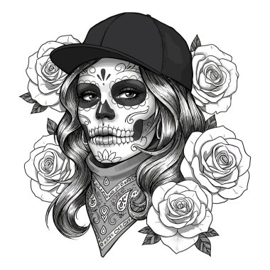 Etrafta Şapka ve Güllerle Şeker Kafatası Sanatı