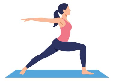 Yoga ya da Egzersiz İçin Mavi Mat Üzerine Kadın Savaşçı Pozu