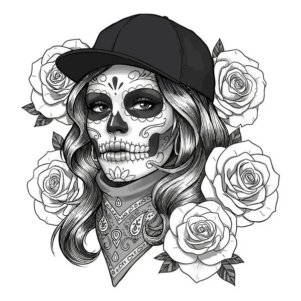 Etrafta Şapka ve Güllerle Şeker Kafatası Sanatı