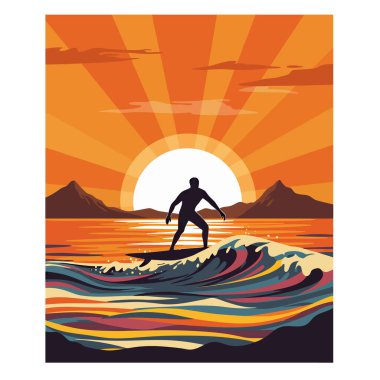 Sunset İllüstrasyon Sanatında Sörfçü Dalgalanan Dalganın Silueti