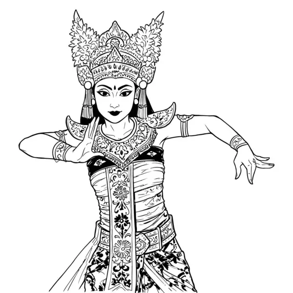 Geleneksel Kostüm Siyah ve Beyaz Çizgi Sanatında Balili Dansçı