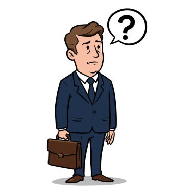 Şaşkın İşadamı Soru Baloncuğu ve Evrak Çantası Düşünme Şüpheleriyle