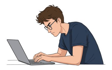 Adam ofiste dizüstü bilgisayarıyla çok çalışıyor.