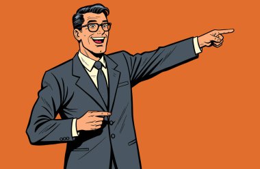 İleriyi gösteren Takım Elbiseli Adam 'ın Retro Illustration' ı