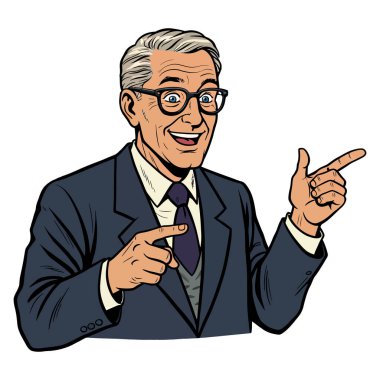 Hevesli bir ürünü işaret eden olgun bir adam.