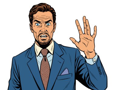 Takım elbiseli adam bir şeyi durdurmaya çalışıyor.