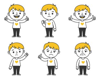 Çizgi film çocuğunun farklı yüz ifadeleri ve vücut dili.