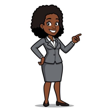 Çekici, koyu tenli, iş kadını sunar ya da bir şeye işaret eder.