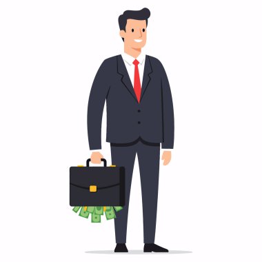İş adamı Para ve Zenginlik dolu bir çantayla yürüyor