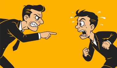 Kızgın patron, korkmuş çalışana kötü sonuçlar için bağırıyor.