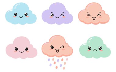 Sevimli Kawaii Bulutları Farklı Duygular ve Hava Efektleri