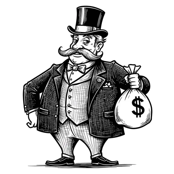 Para çantası çizimi olan eski moda zengin iş adamı.