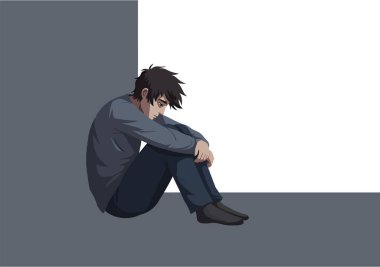 Üzgün İfade Anime ile Yerde Tek Başına Oturmak