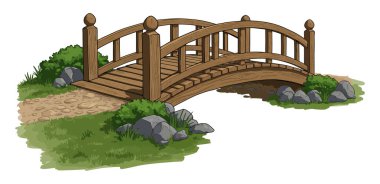 Yeşil Çimen üzerinde kemerli ahşap köprü manzara manzarası