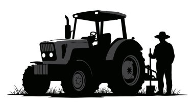 Tarlada traktörü olan bir çiftçinin silueti