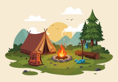 Ormanda kamp. Etrafı doğa ile çevrili. Kamp ateşinin tadını çıkarıyor.