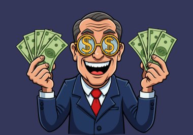 Başarılı İşadamı Nakit Tutuyor ve Dolar İşaret Gözlüğü Takıyor