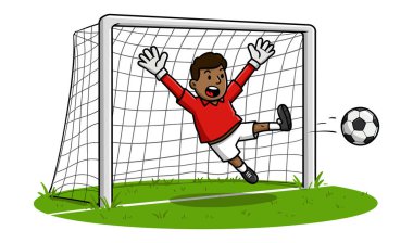 Kaleci bir futbol maçında harika bir kurtarış yapıyor.