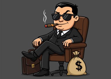 Zengin bir adam para çantasıyla koltukta dinleniyor.