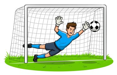 Bir futbol maçında kaleci kurtarıyor.