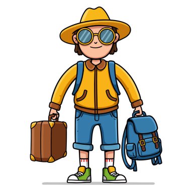 Bavullu genç turist heyecanlı bir yolculuğa hazır.