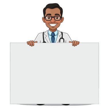Karikatür doktoru elinde tıbbi yardım sağlayan boş bir tabela tutuyor.