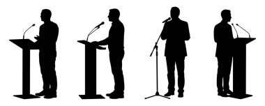 Hoparlörlerin siluetleri Lectern ve Mics 'de konuşma yapıyor.