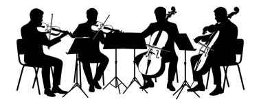 Müzik standlarında çalan yaylı çalgılar dörtlüsünün silueti