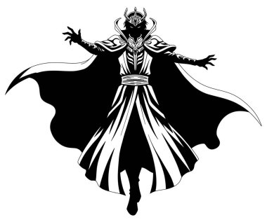 Kapüşonlu bir cadının siyah beyaz çizimi