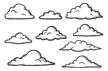 Beyaz kabarık bulutların çeşitli şekilleri ve boyutları