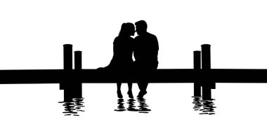 Siluet Çift İskelede oturuyor Huzurlu bir anın tadını çıkarıyor