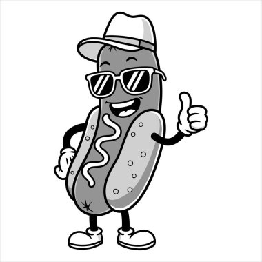 Çizgi film Hot Dog Karakteri Gri ölçekli Kıyafette Başparmağını kaldırdı