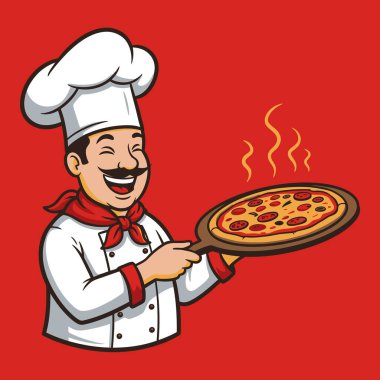 Deneyimli bir şef, müşterilere hizmet etmeye hazır bir pizzayı elinde tutuyor.