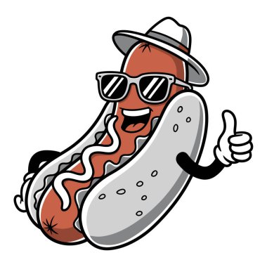 Havalı güneş gözlüklü ve şapkalı sosisli sandviç.