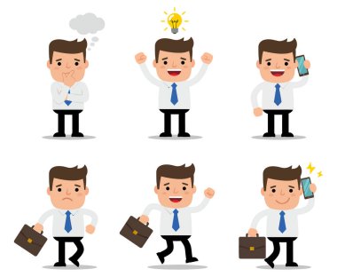 Evrak çantası ve farklı ruh halleri olan bir ofis çalışanı.