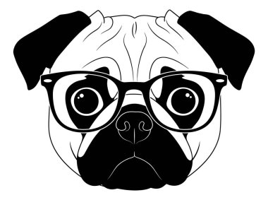 Büyük Gözlüklü Akıllı Pug Komik Hayvan Çizimi Tasarımı